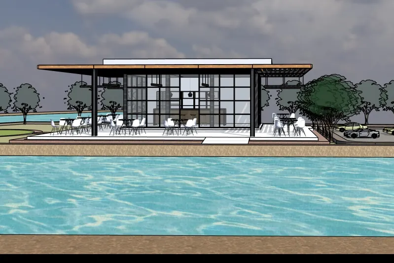 SketchUp model view of the clubhouse pavilion beside the pool
